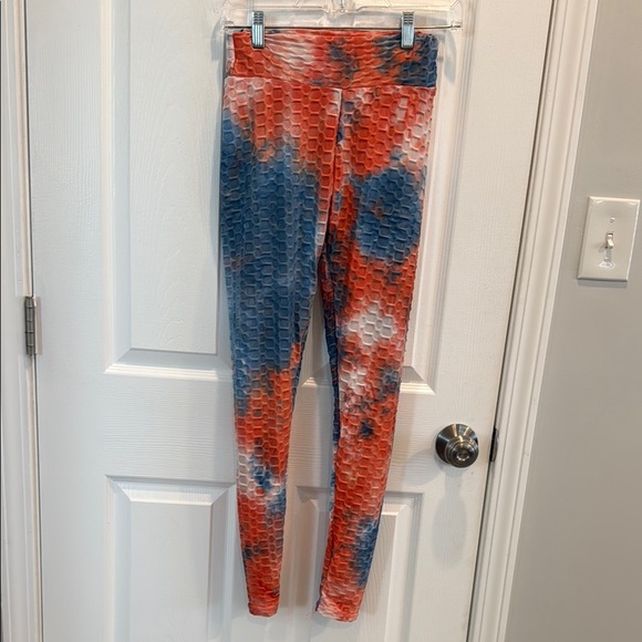 Red and Blue Tie-Dye Leggings with Abstract Design - Picture 1 of 7